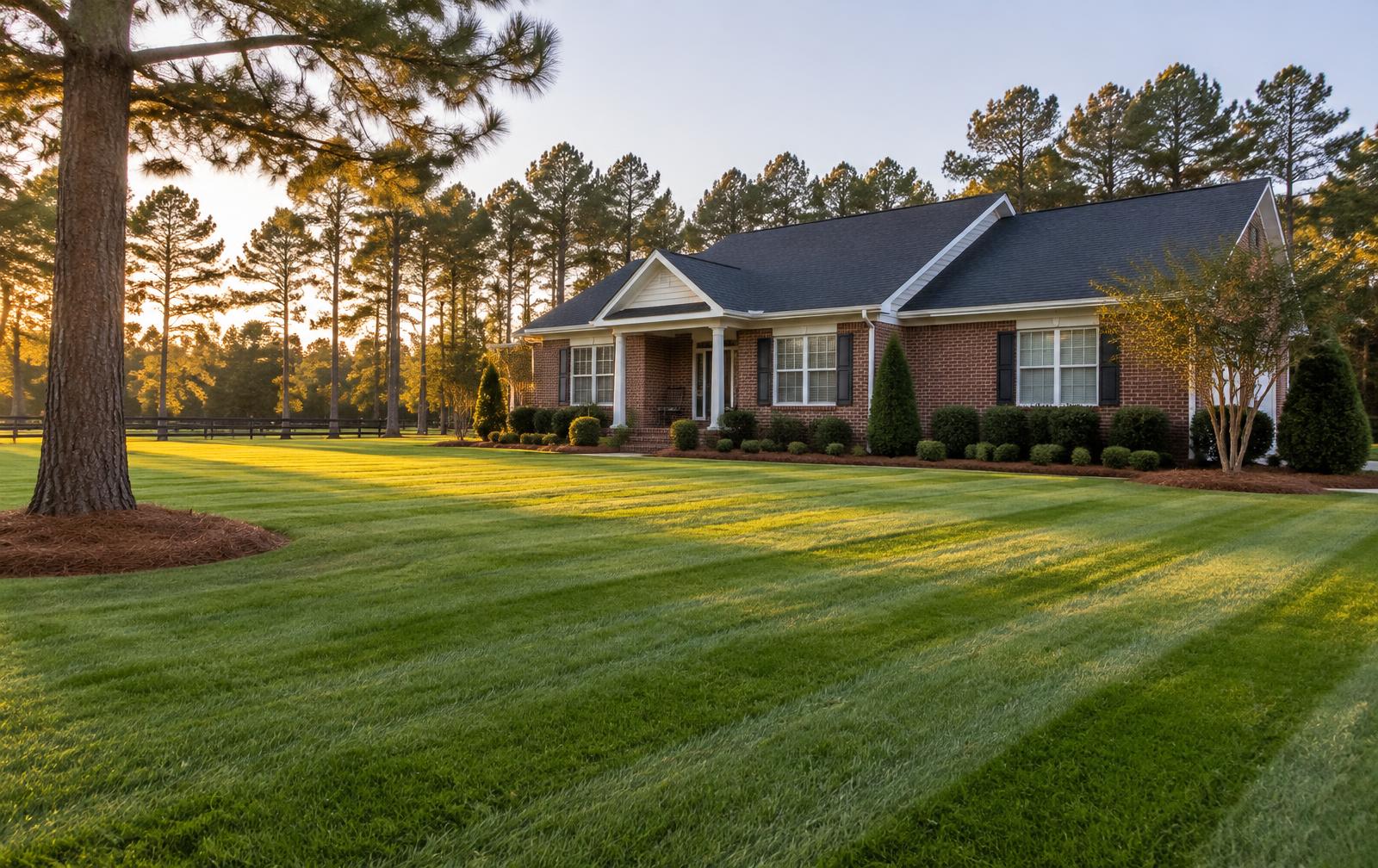 Freshly striped lawn at a brick home in Wayne County